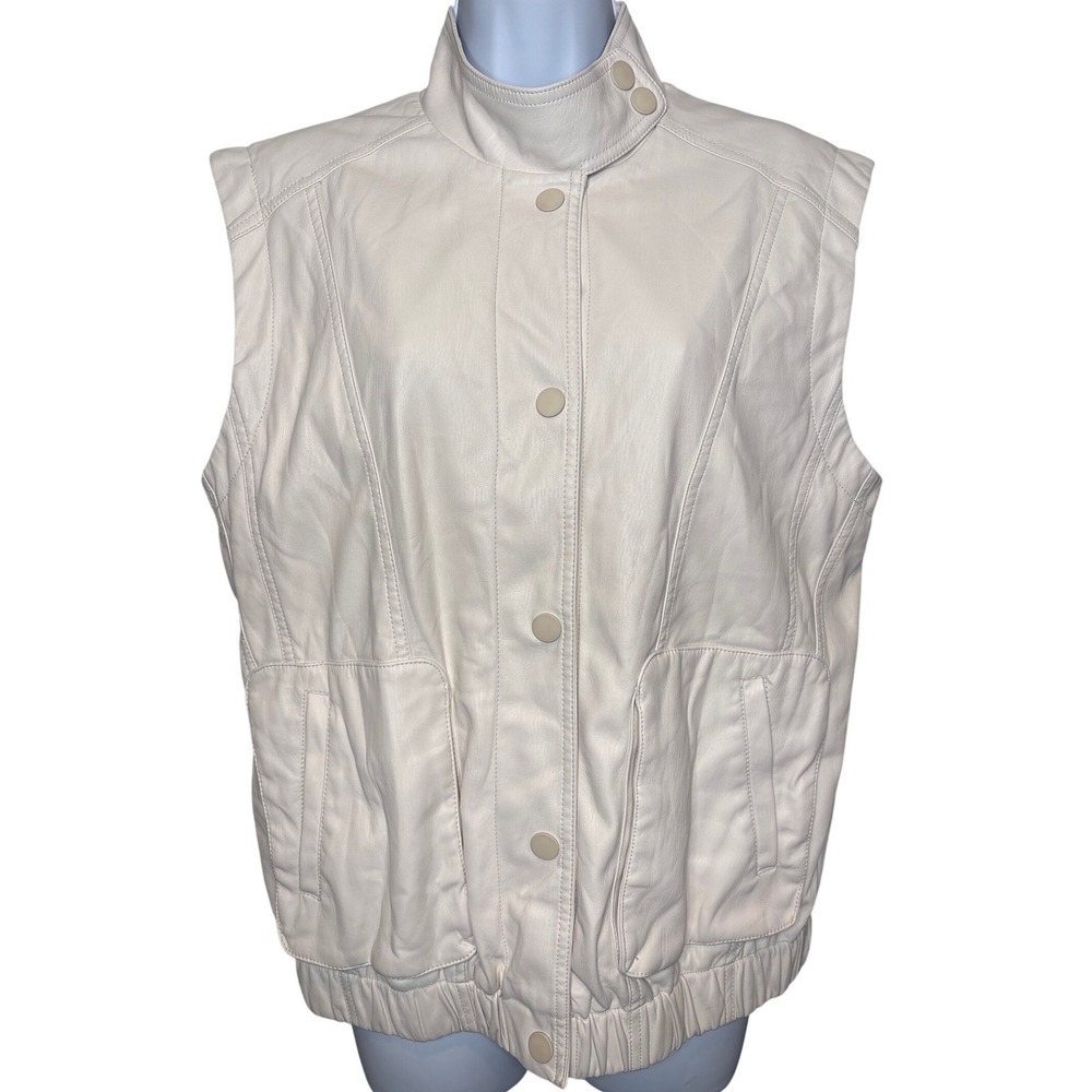 Pilcro Anthropologie Womens Off White Faux‎ Leather Funnel Neck Vest Sz S Biker